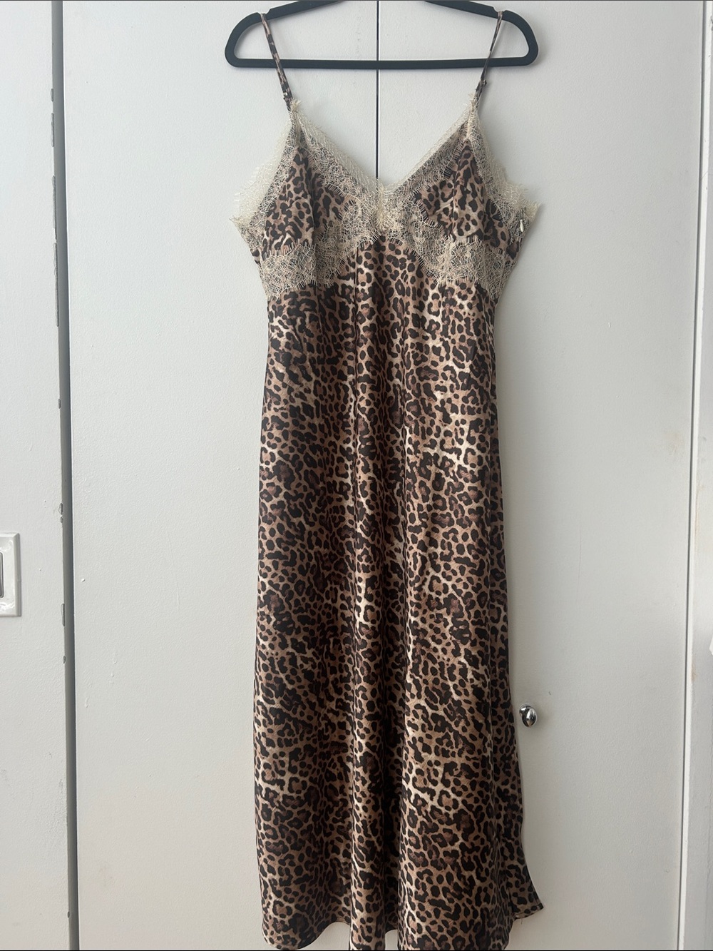 LOFT Leopard Satin Slip Dress - Brown, Black, Cream Lace